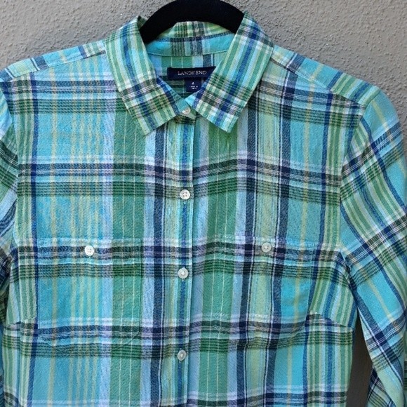 LANDS END BOYFRIEND GREEN MADRAS 3/4 SLEEVE BUTTON UP TOP SHIRT SIZE 4 - Picture 6 of 8
